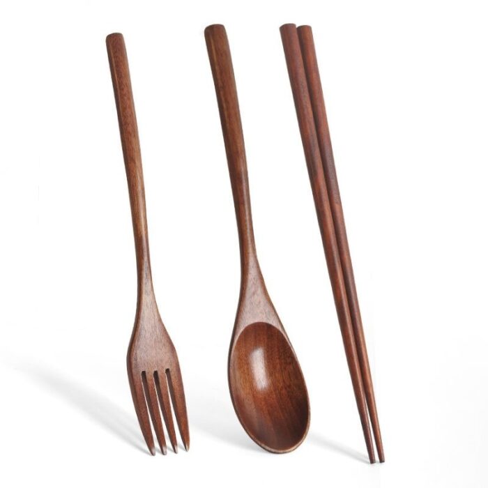 Natural Wood Spoon Chopsticks And Fork Dinner Set Rice Soup Tableware Grain Handmade Household Tableware Tableware 4