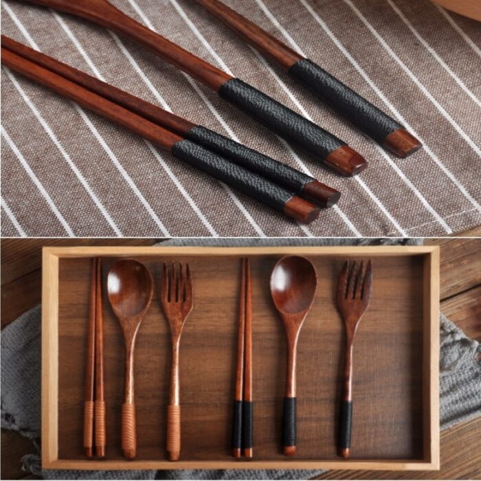 Natural Wood Spoon Chopsticks And Fork Dinner Set Rice Soup Tableware Grain Handmade Household Tableware Tableware 2
