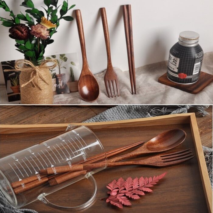Natural Wood Spoon Chopsticks And Fork Dinner Set Rice Soup Tableware Grain Handmade Household Tableware Tableware 3