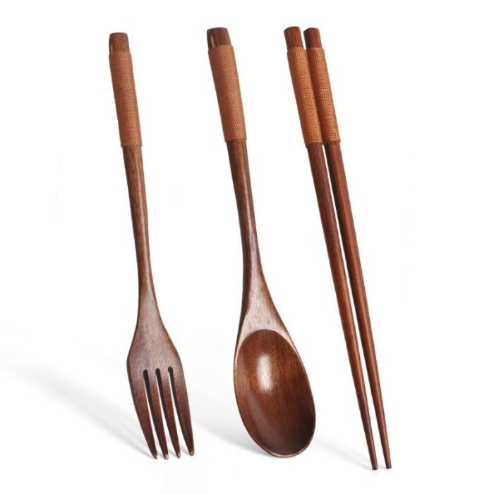 Natural Wood Spoon Chopsticks And Fork Dinner Set Rice Soup Tableware Grain Handmade Household Tableware Tableware 6